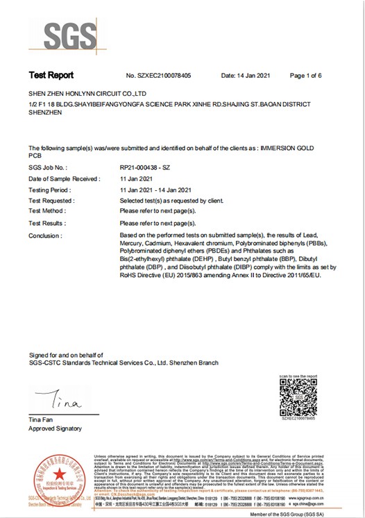 immersion gold-rohs test report 2021